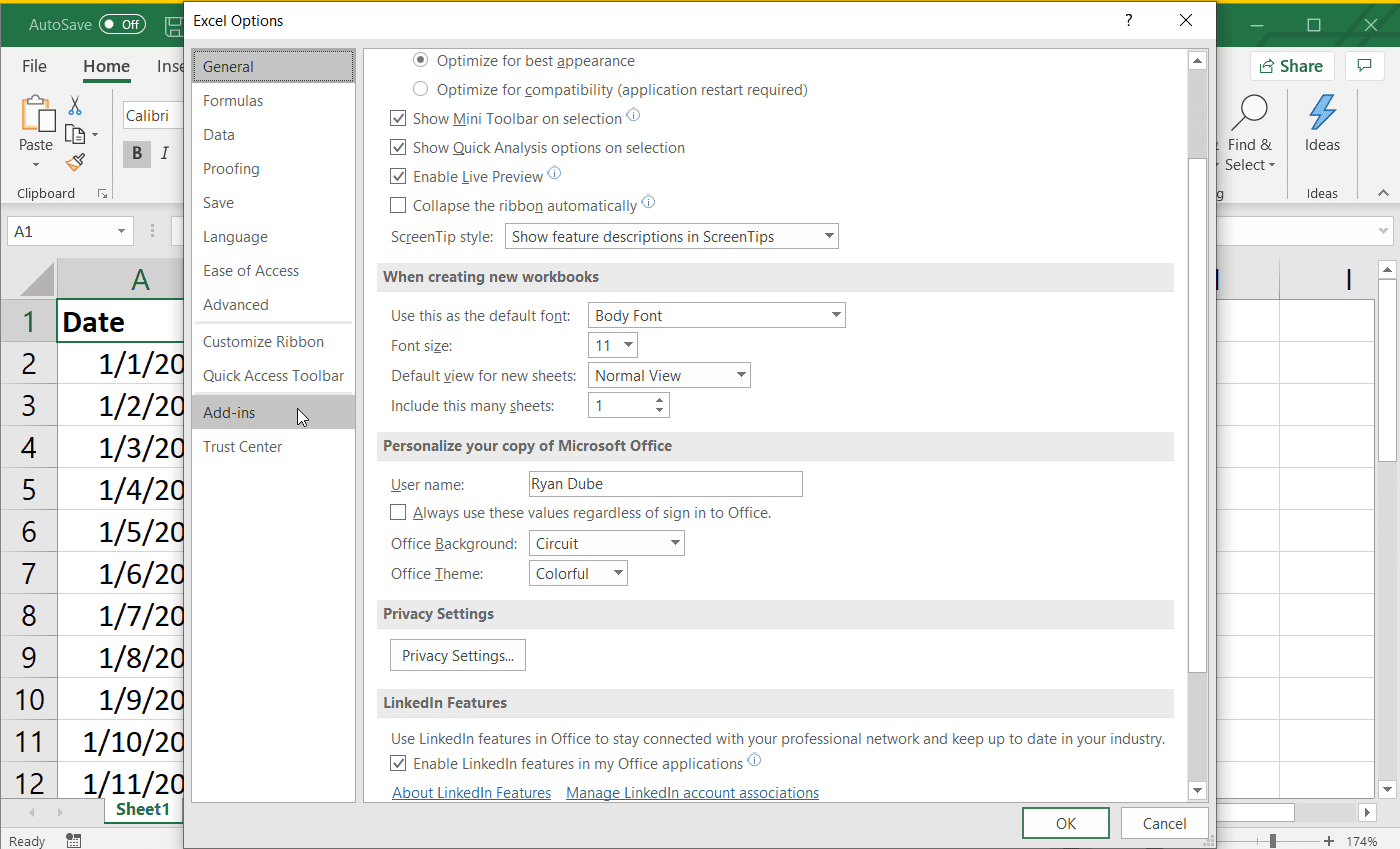 Skärmdump av alternativ i Excel