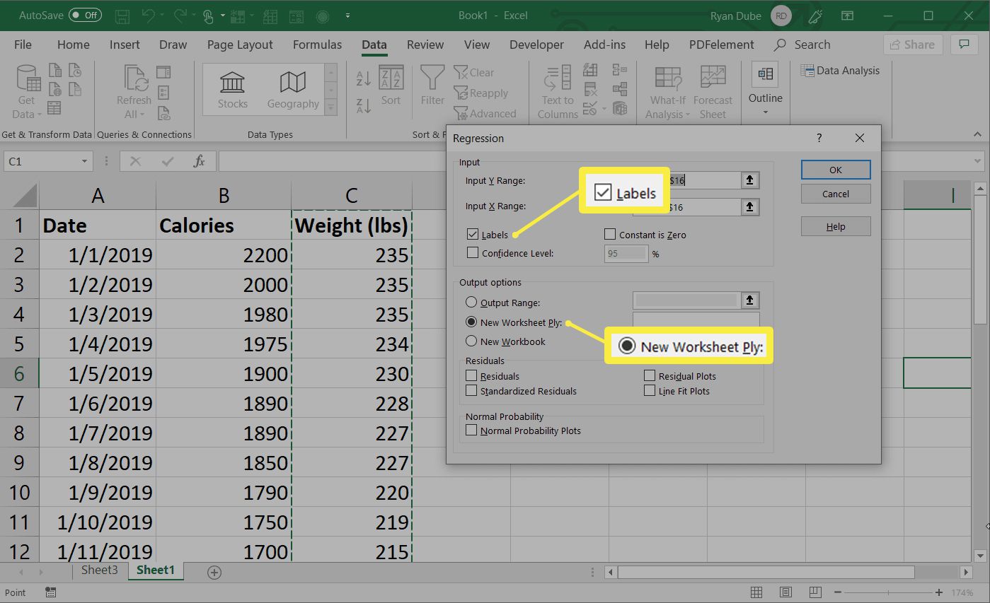 Excel-fält för att tillämpa etiketter och skicka regression till ett nytt kalkylblad