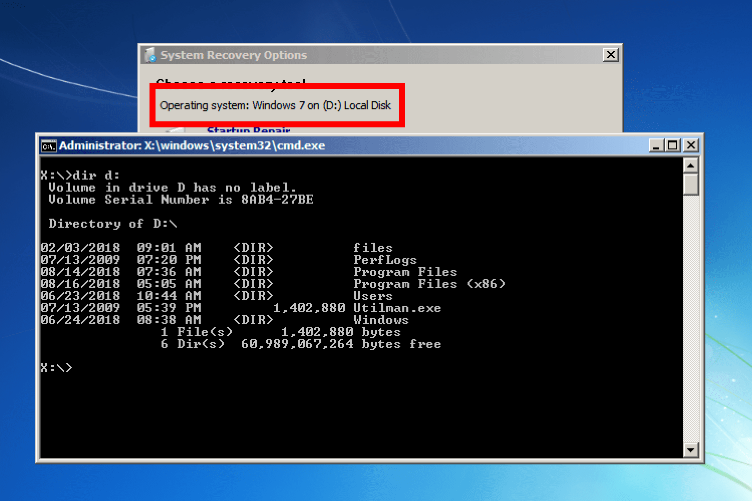 Systemåterställningsmeny enhetsbokstav i Windows 7