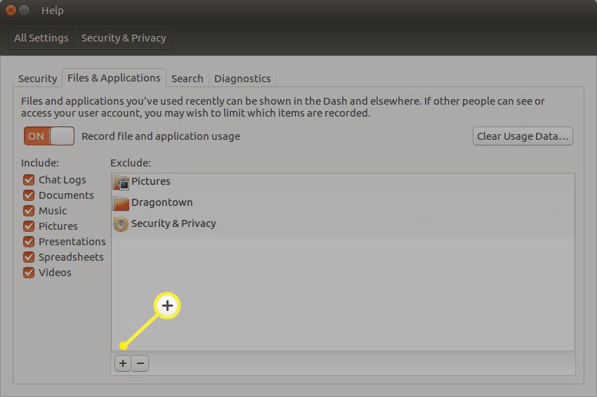 Skärmen Ubuntu Dash Files & Applications med plustecknet markerat