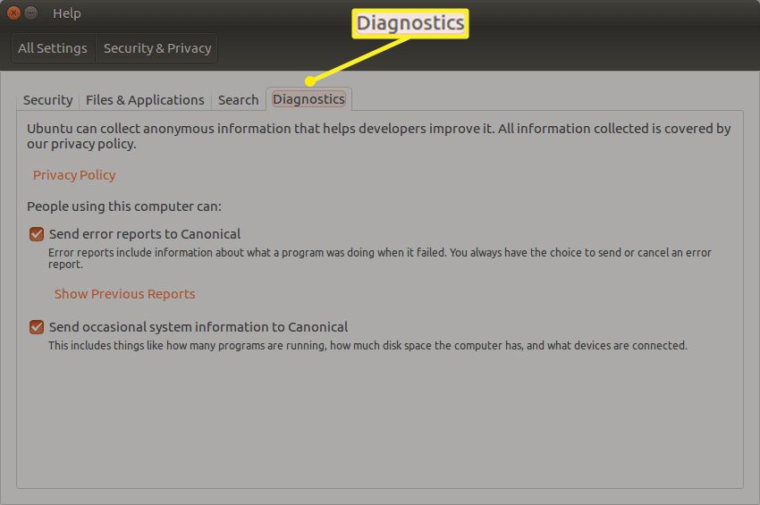 Fliken Diagnostik på fliken Diagnostik i Ubuntu Säkerhet och sekretess