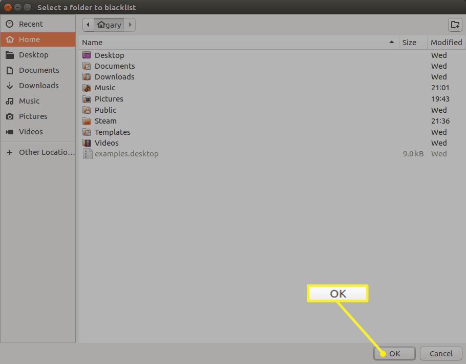 Ubuntu Dash-mapplista med OK markerad