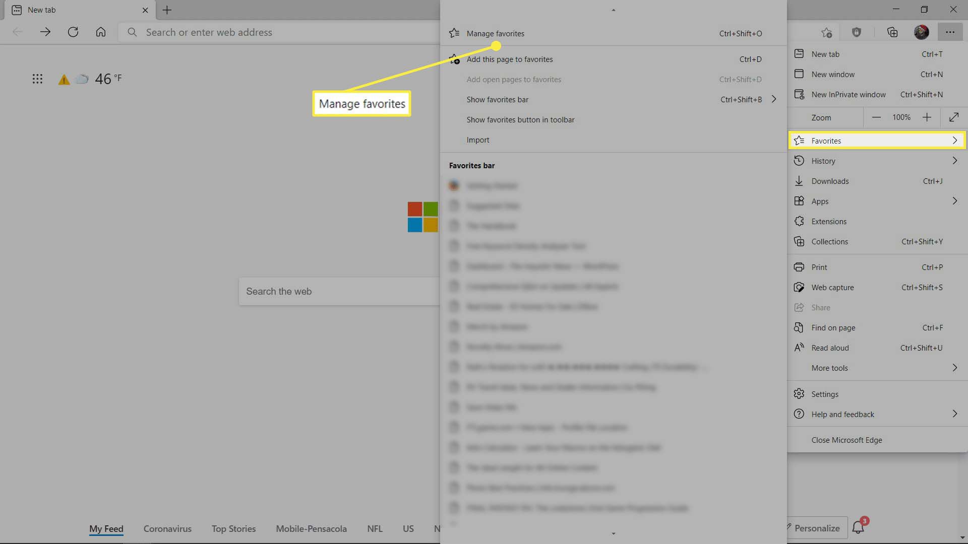 Favoritmenyn i Microsoft Edge med Hantera favoriter markerade.