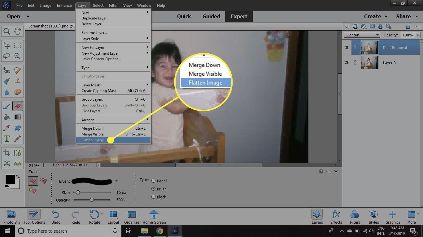 En skärmdump av Photoshop Elements med kommandot Flatten Image markerat