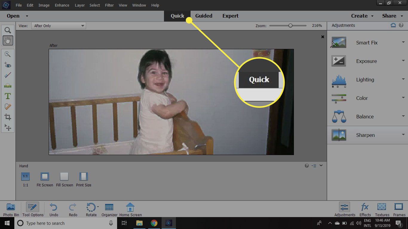 En skärmdump av Photoshop Elements med fliken Snabb markerad