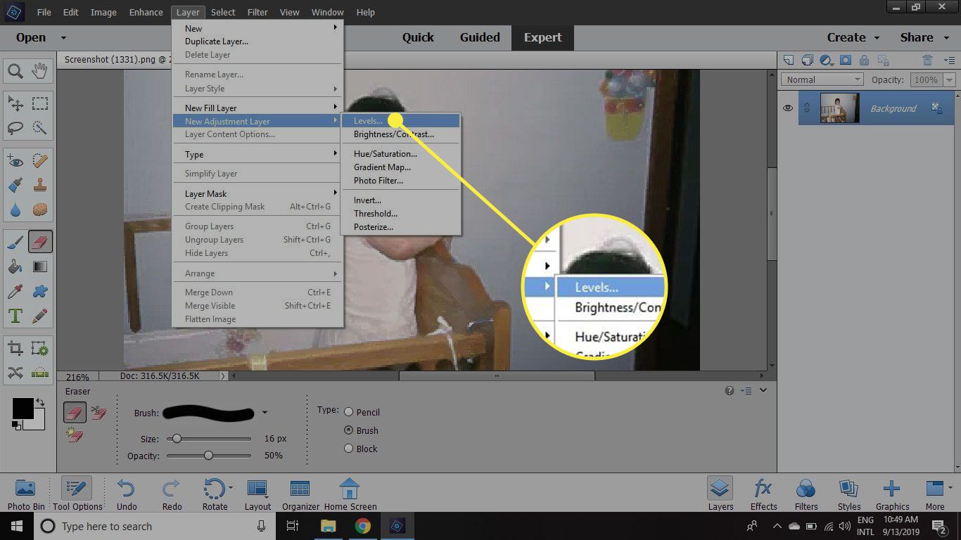 En skärmdump av Photoshop Elements med kommandot Nivåer markerad