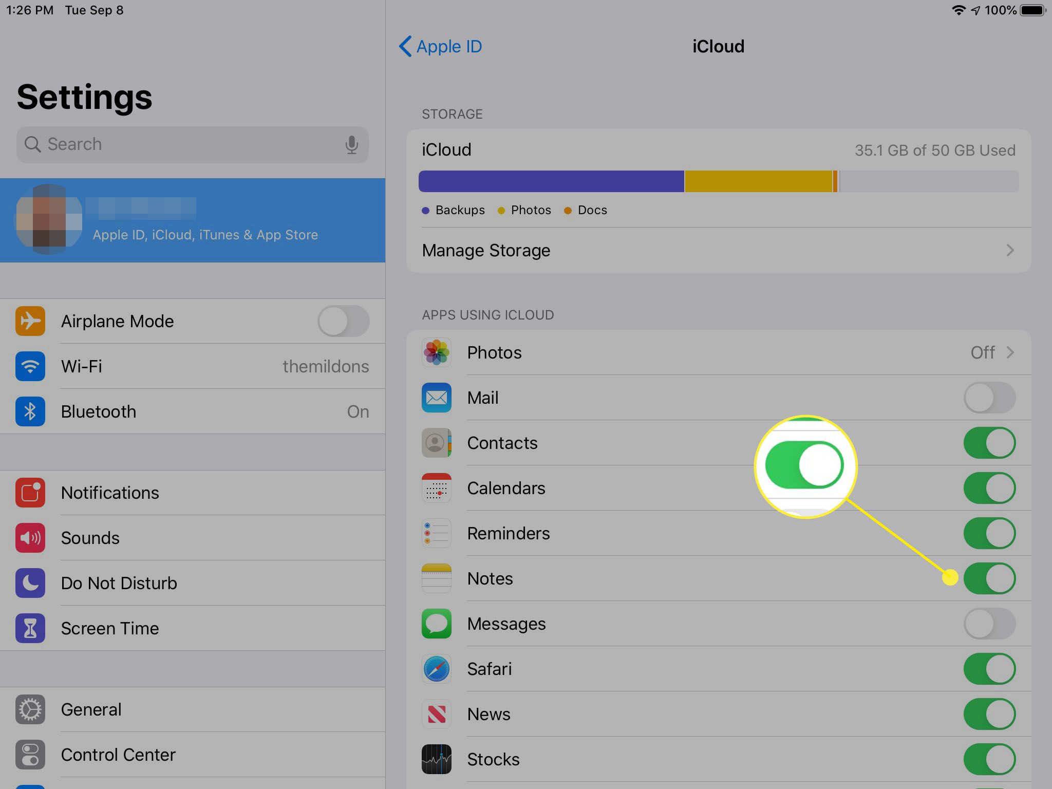 Skärmdump av iCloud-inställningsskärmen på iPad