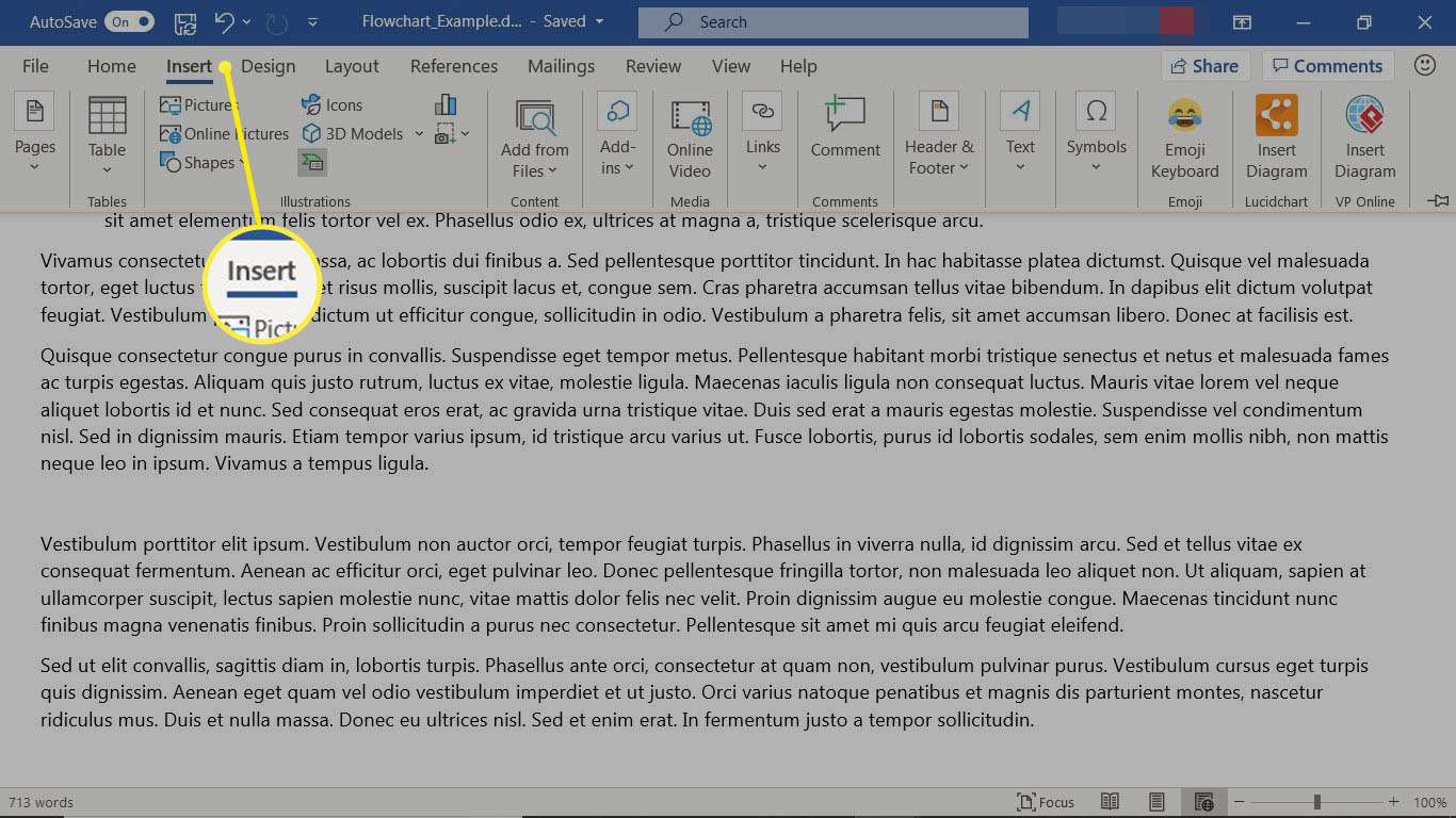 Fliken Infoga i Microsoft Word.