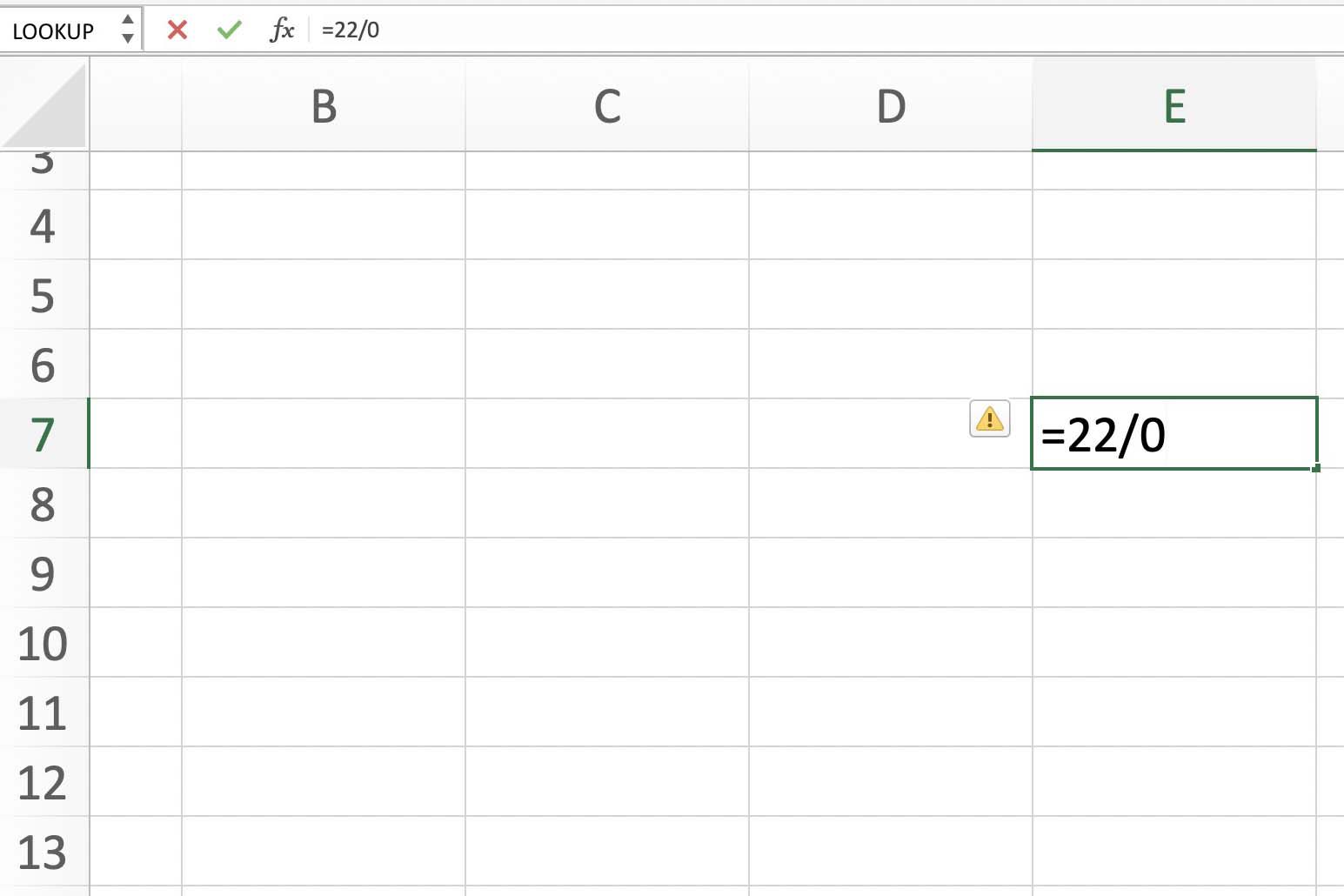 Skärmdump av Excel som visar DIV-fel