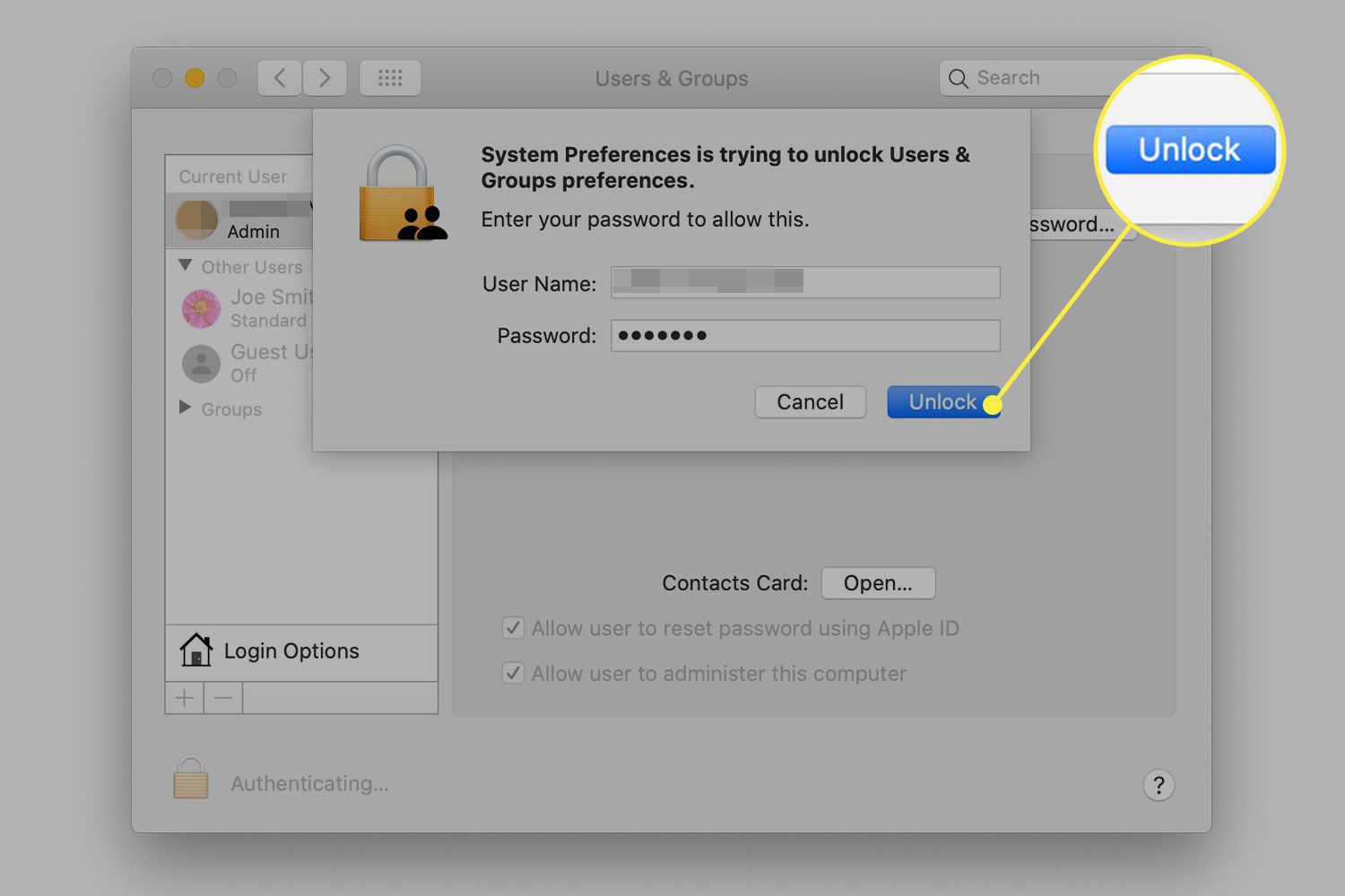 En skärmdump av inställningarna Användare och grupper i macOS med autentiseringslåsningsknappen markerad