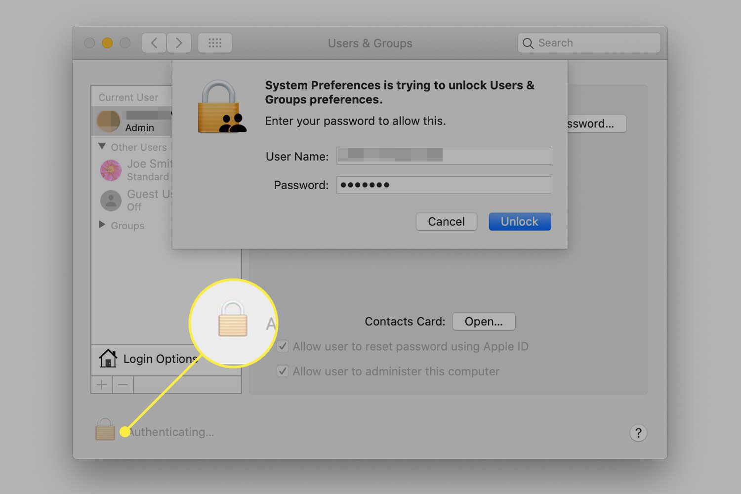 En skärmdump av menyn Användare och grupper i macOS med låsikonen markerad
