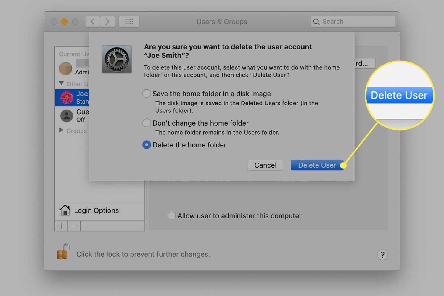 En skärmdump av bekräftelsefönstret Ta bort användare med macOS med knappen Radera användare markerad