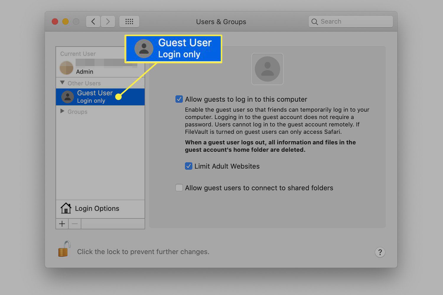 En skärmdump av fönstret Användare och grupper i macOS med objektet Gästanvändare markerat