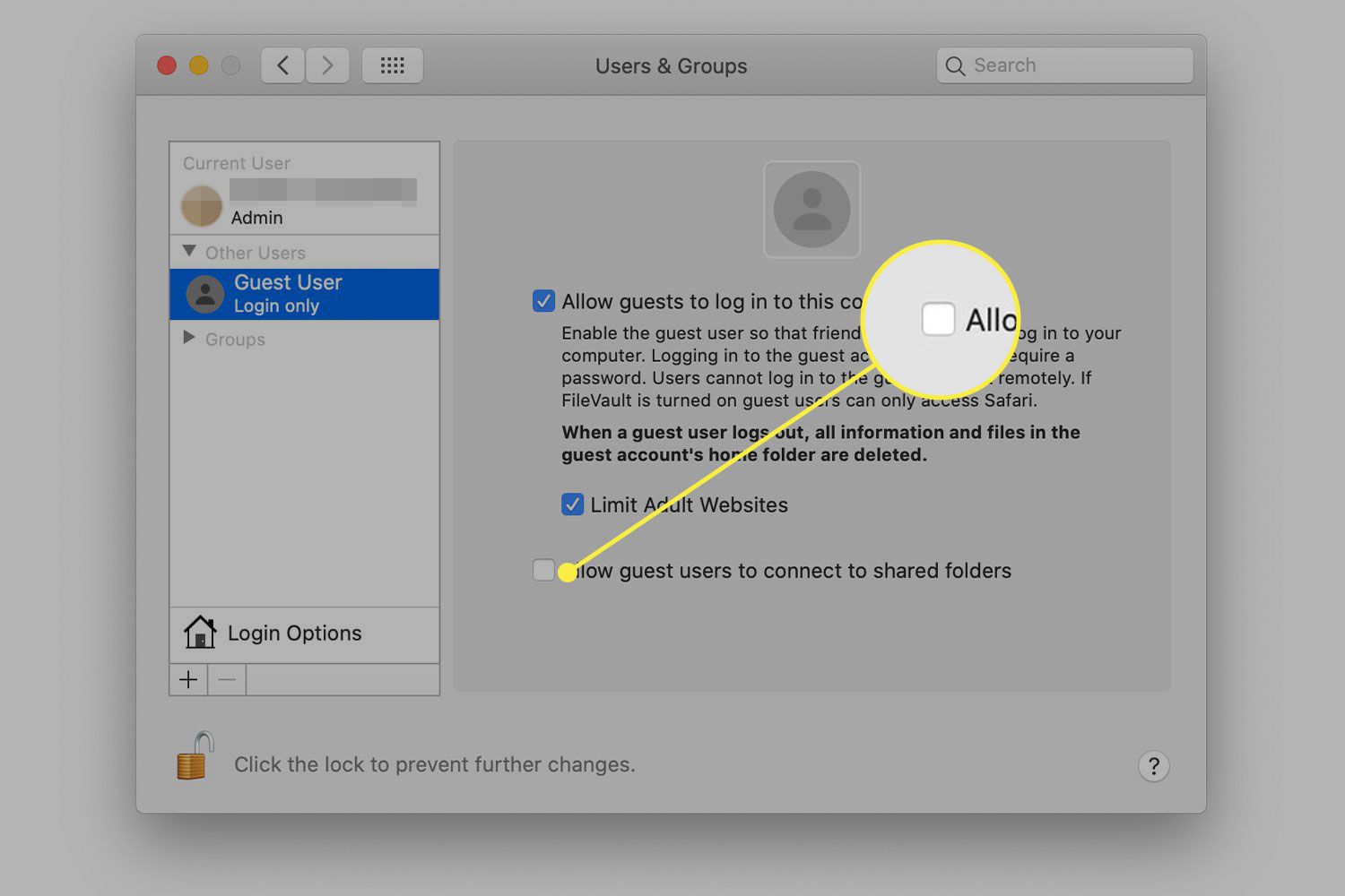 En skärmdump av macOS 'skärm Användare och grupper med "Tillåt gästanvändare att ansluta till delade mappar" alternativet markerat