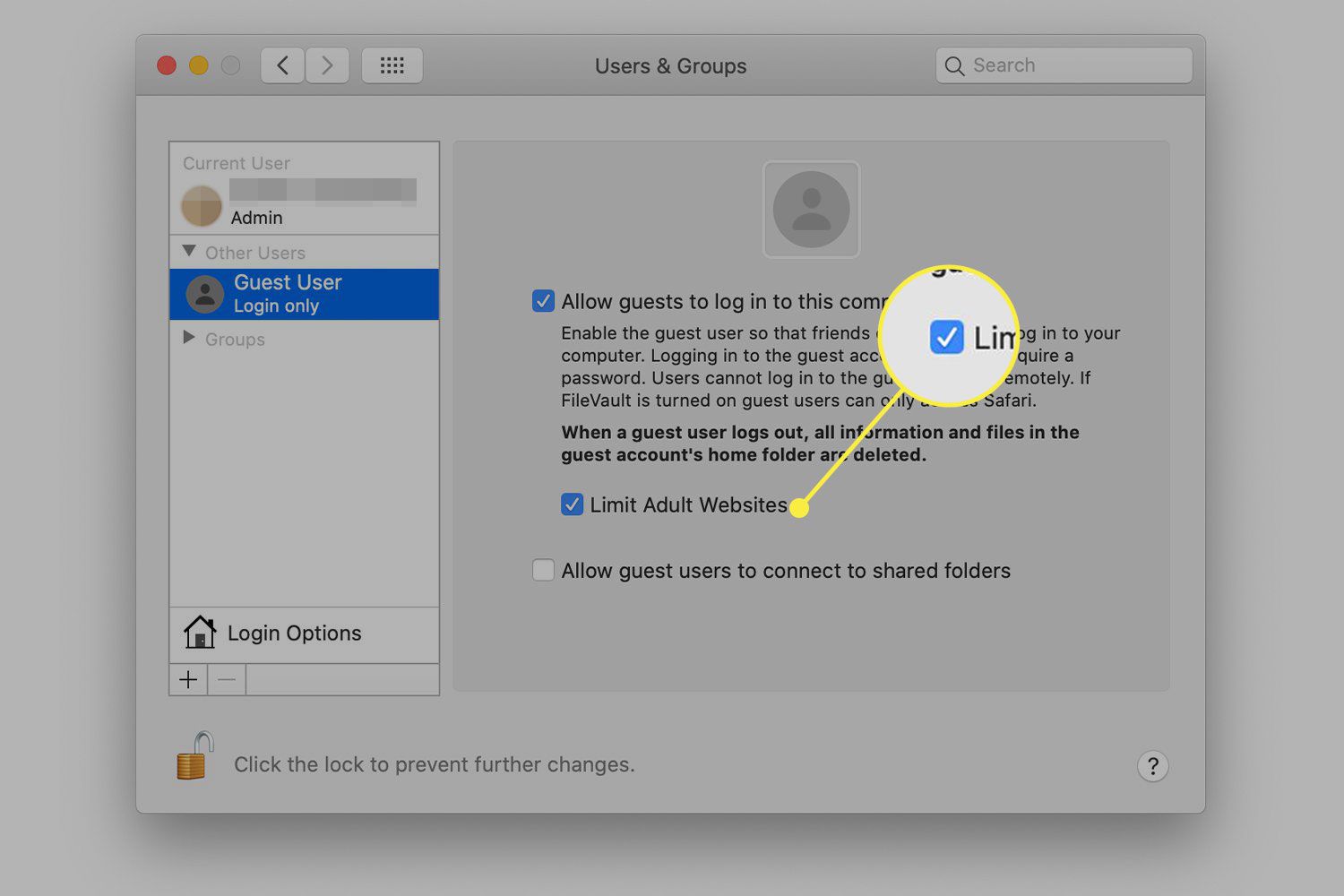 En skärmdump av fönstret Användare och grupper med macOS med "Begränsa webbplatser för vuxna" alternativet markerat