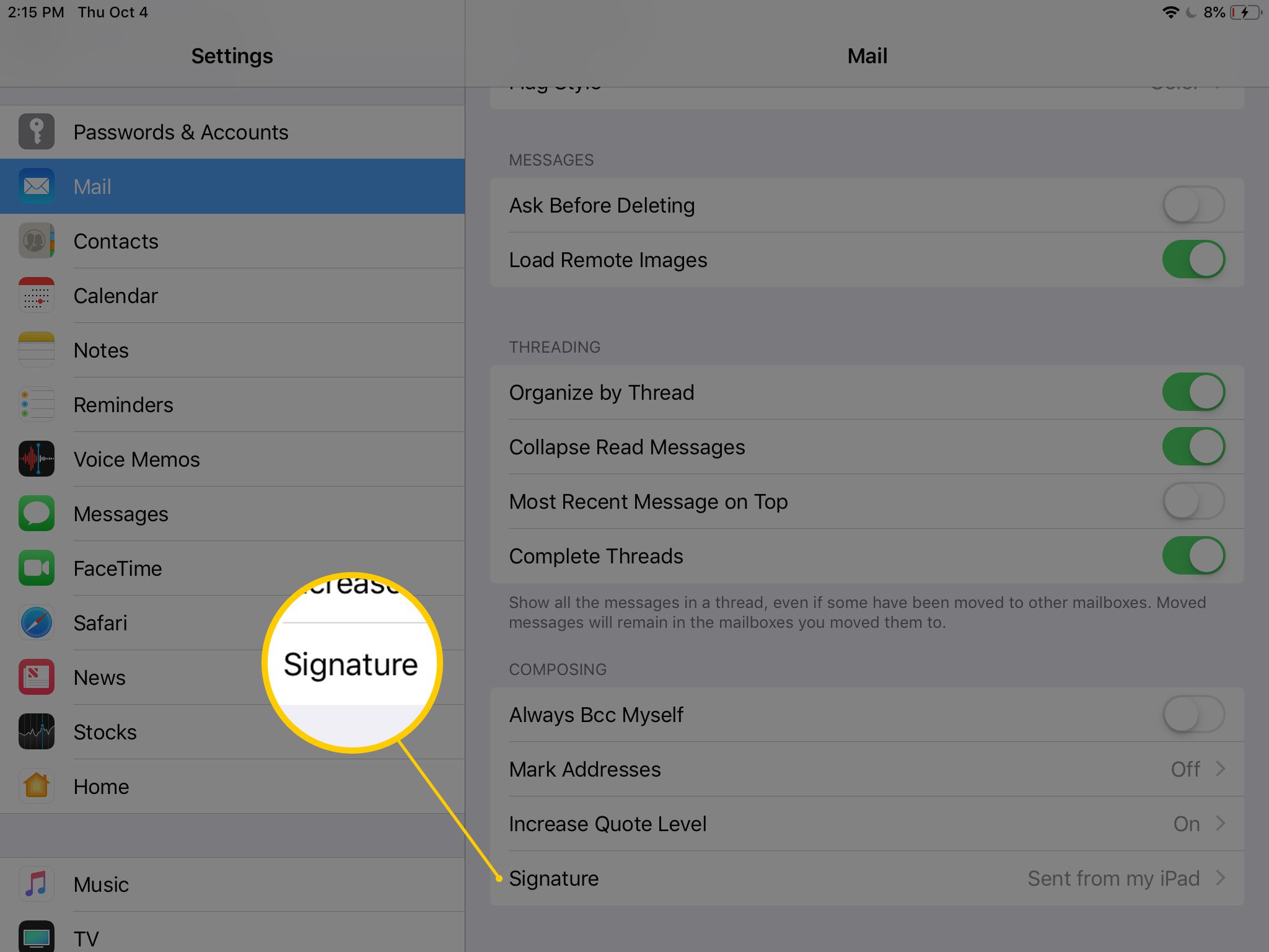 Signaturområde i Mail-inställningar i appen Inställningar på iPad