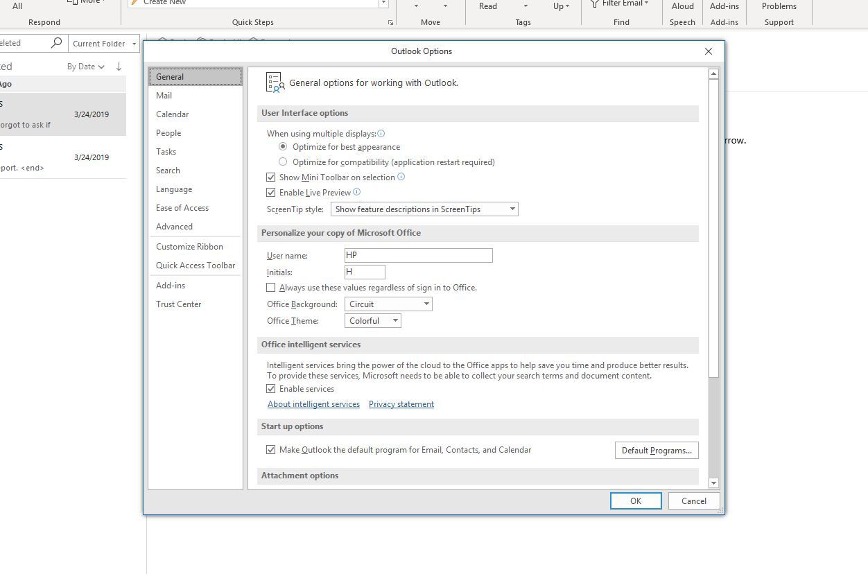 Skärmdump av fliken Allmänt i Outlook-alternativ