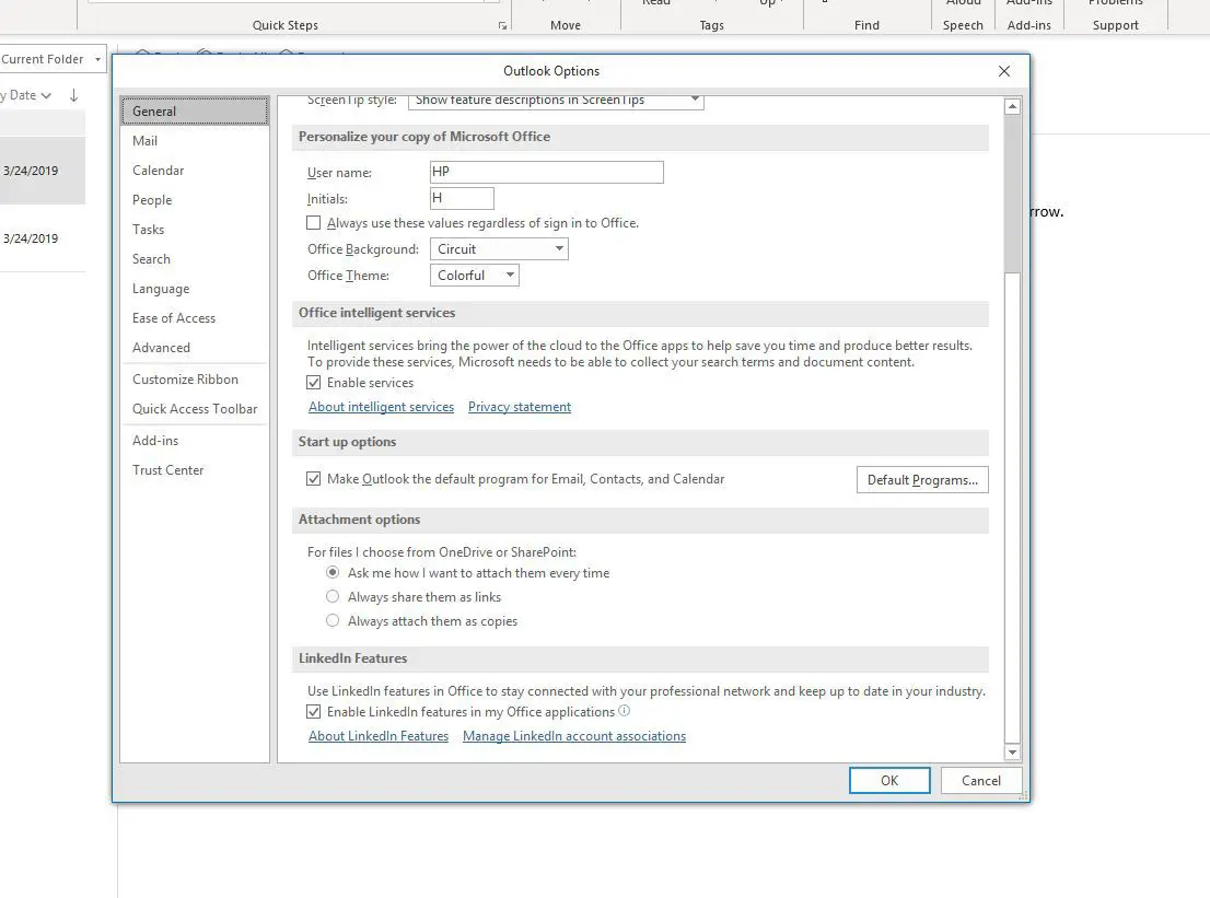 Skärmdump som visar startalternativ i Outlook