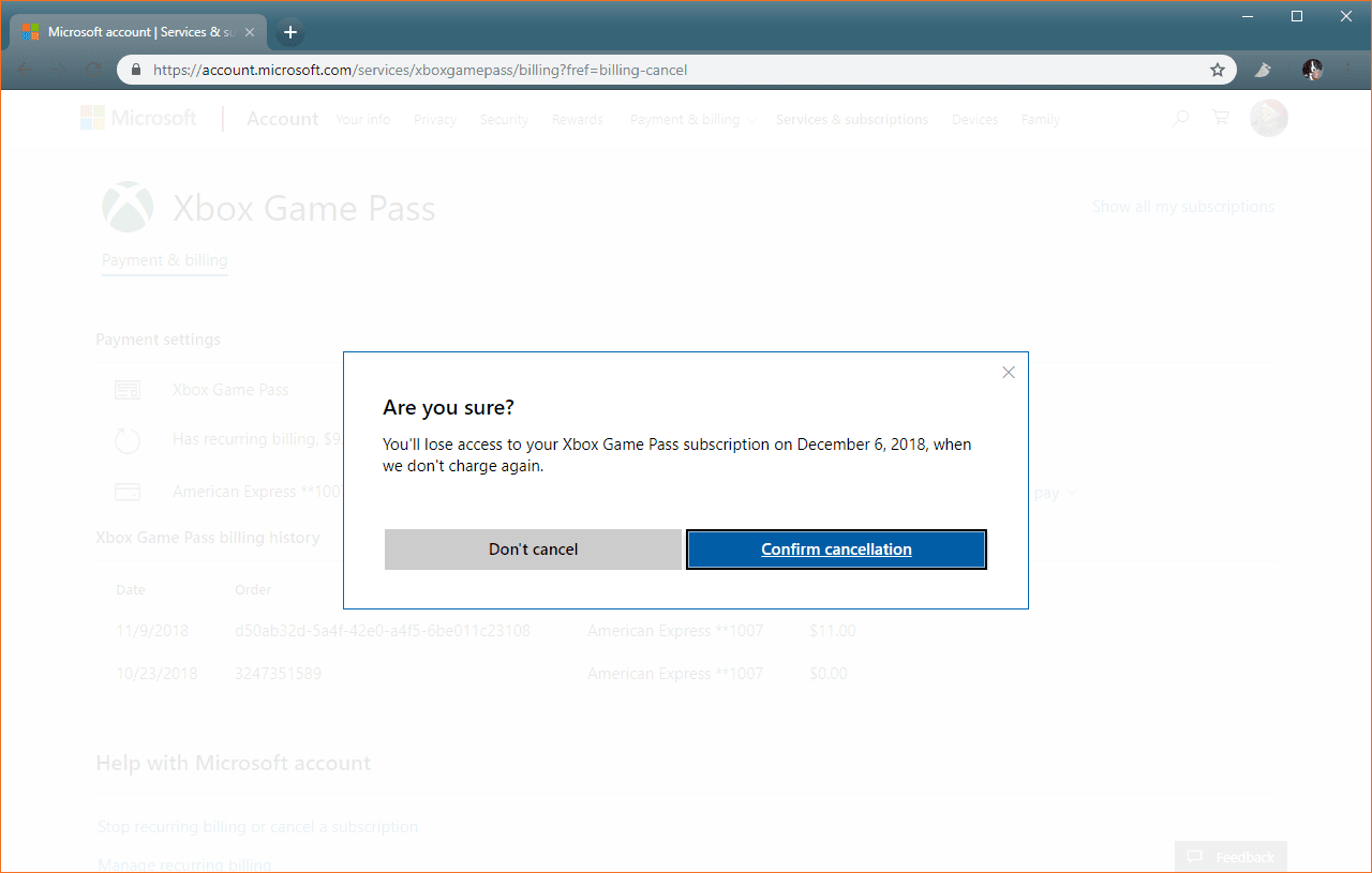 Bekräftelsefönstret för Xbox Game Pass