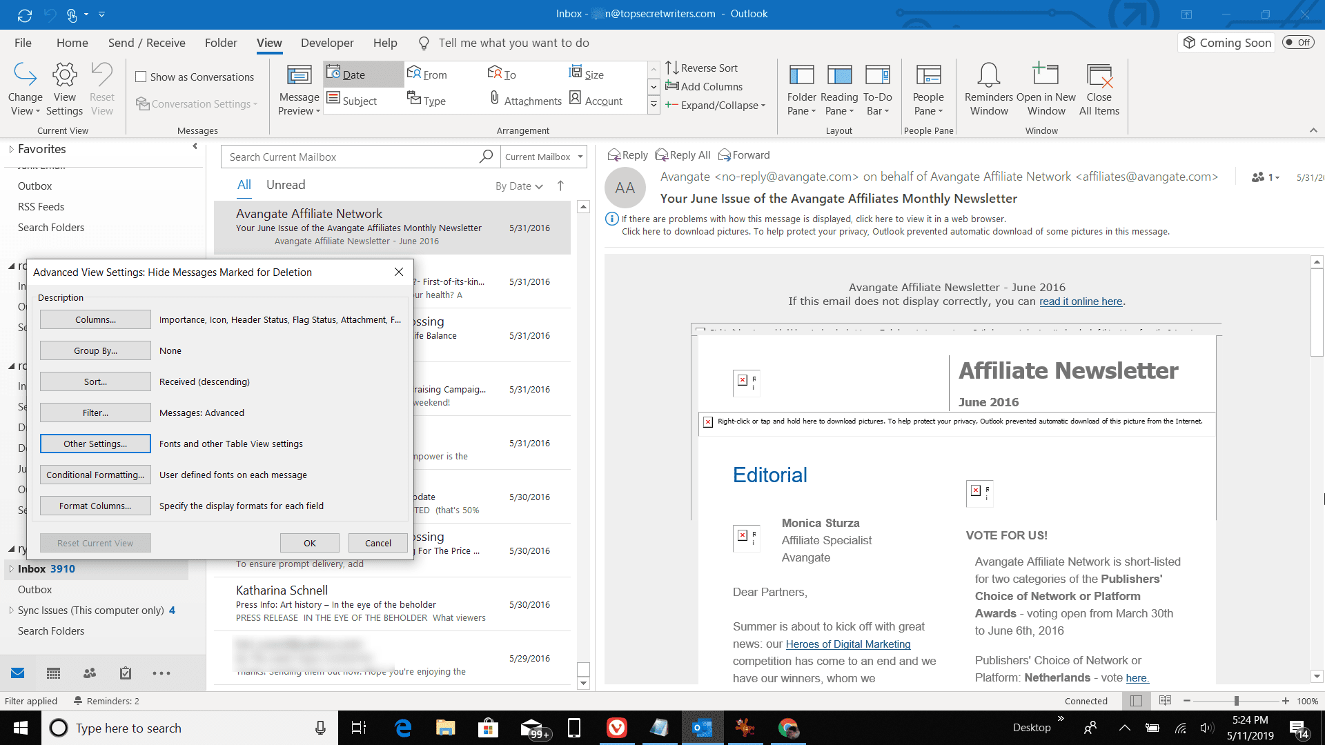 Skärmdump av avancerade visningsinställningar i Outlook