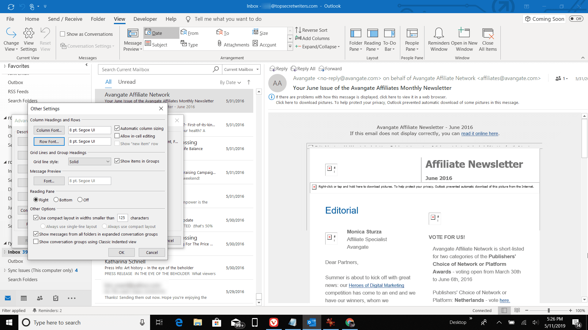 Skärmdump av Row-teckensnitt i Outlook