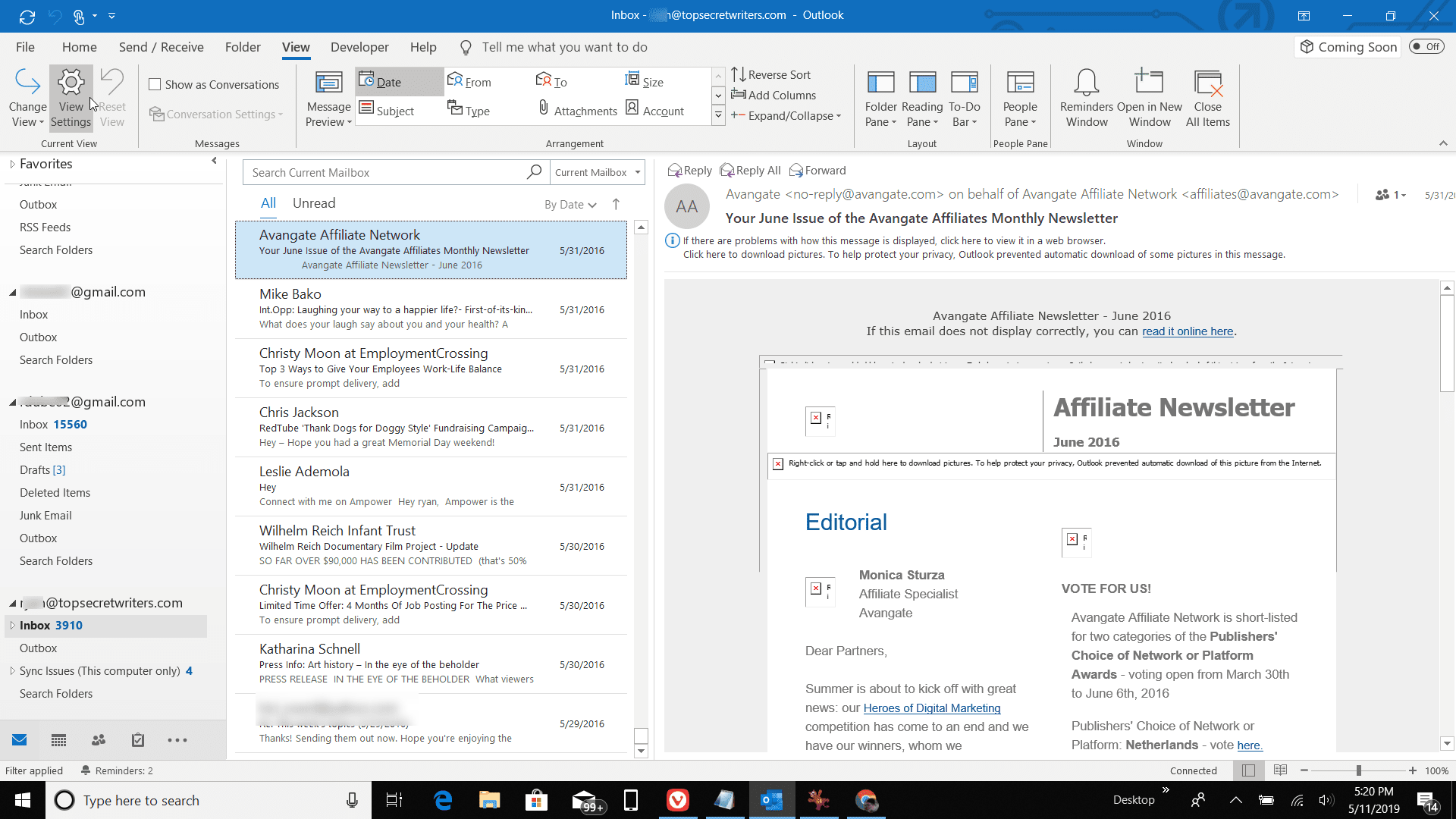 Skärmdump av Visa inställningar i Outlook