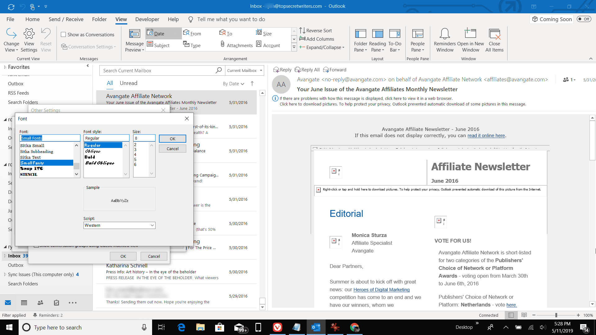Skärmdump av teckensnittsinställningar i Outlook