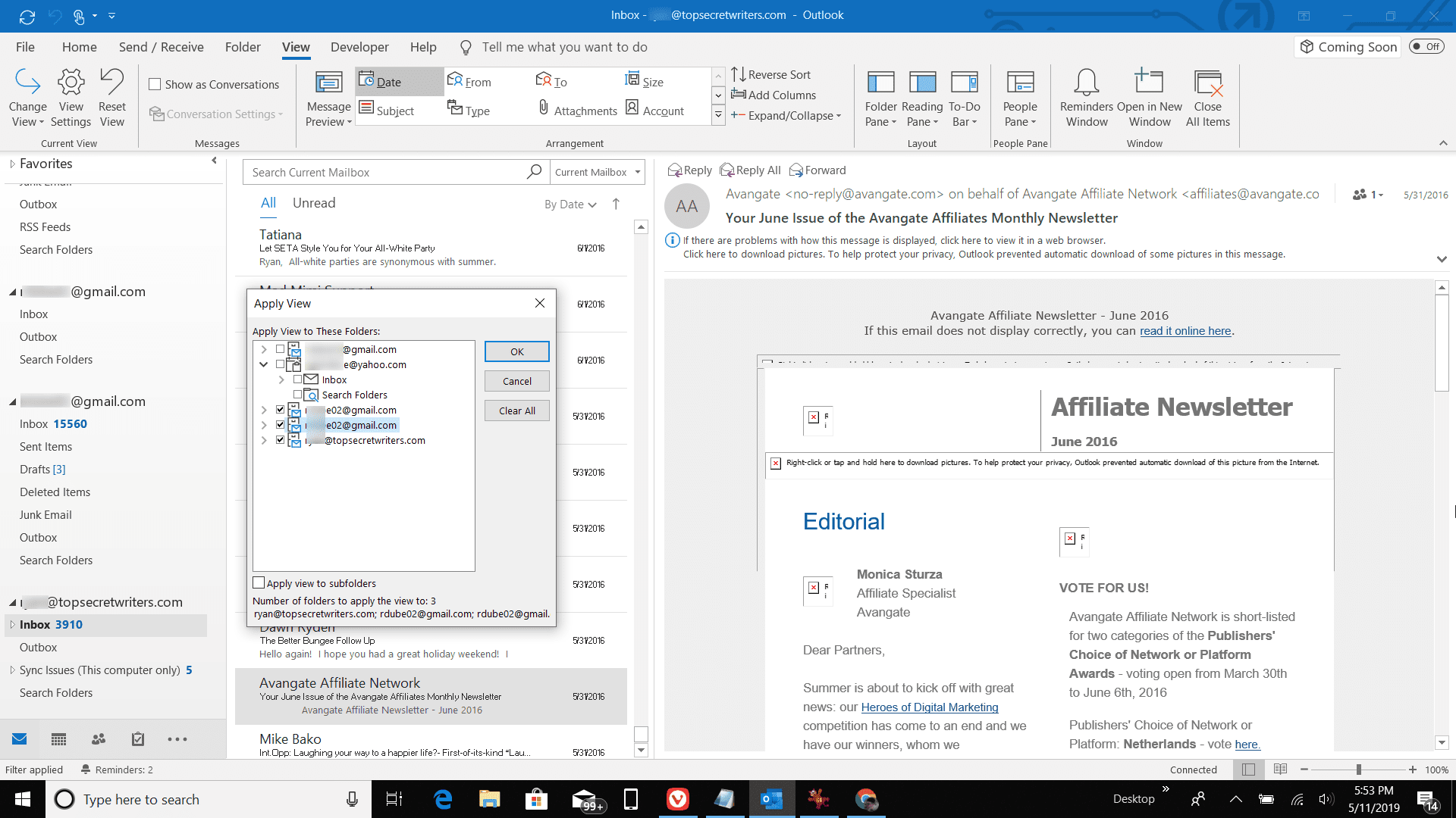 Skärmdump för att välja mappar som ska användas i Outlook