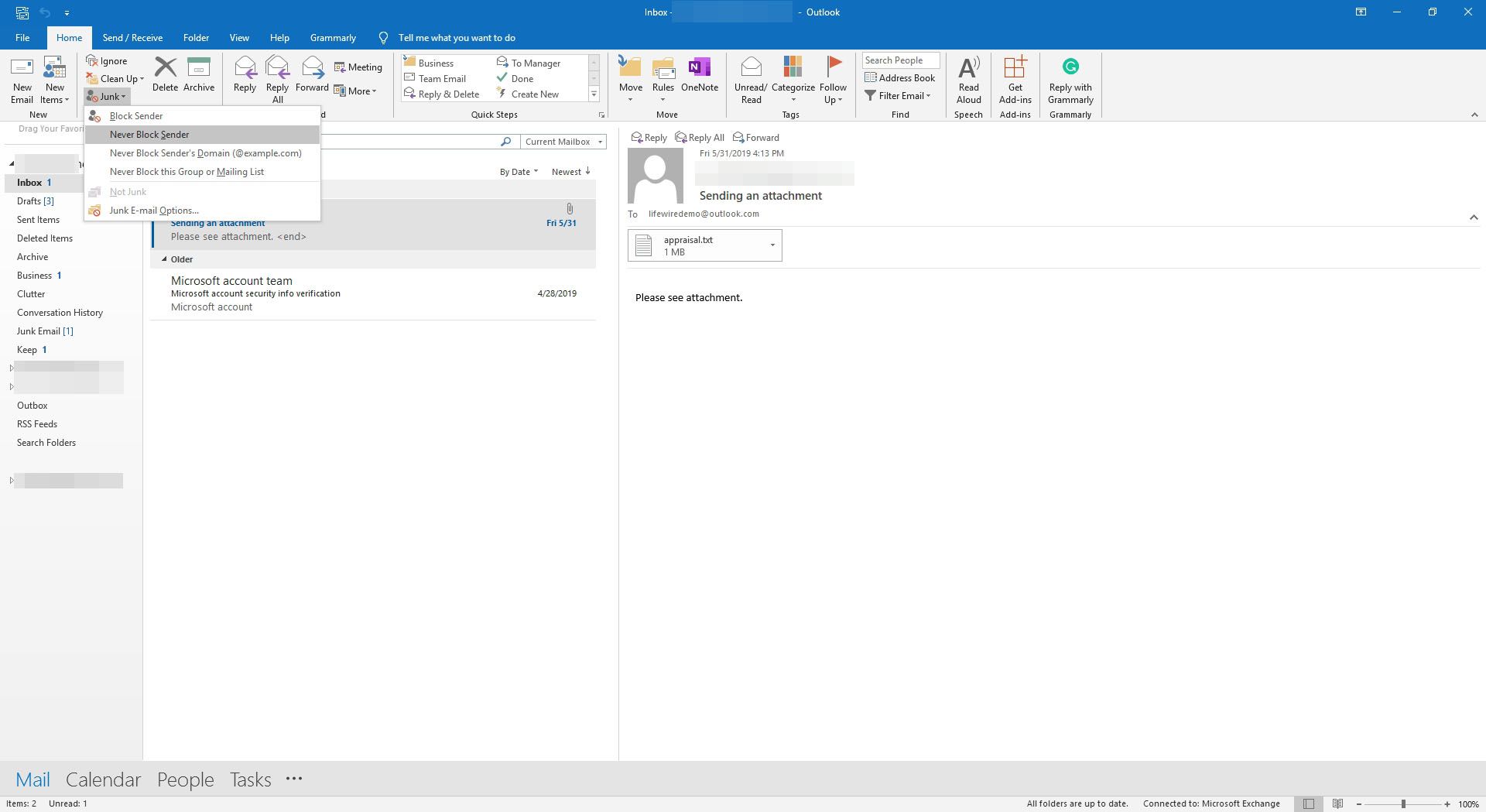 Väljer att aldrig blockera avsändaren i Outlook.