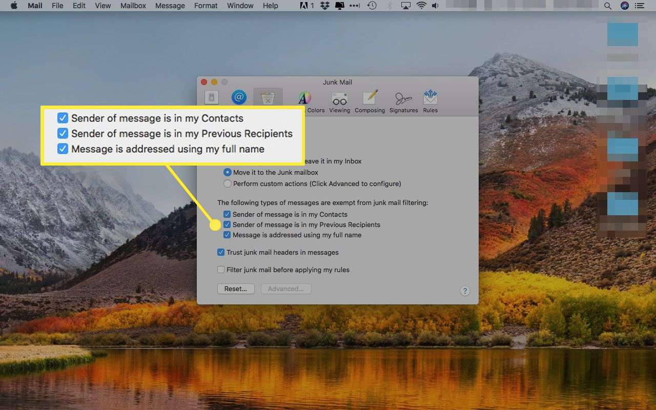 Apple Mails inställningar för skräppost med undantagsalternativen markerade