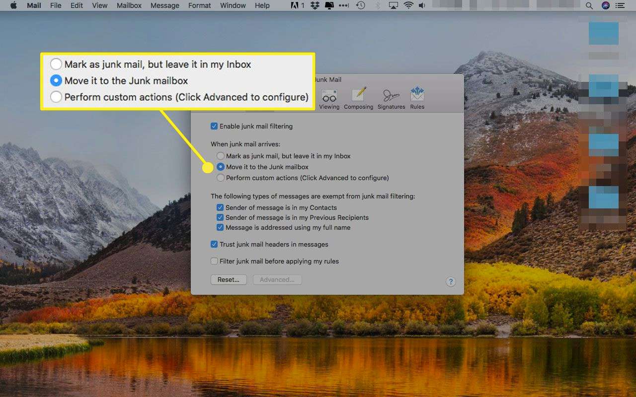 Apple Mails skräpinställningar med filtreringsalternativen markerade