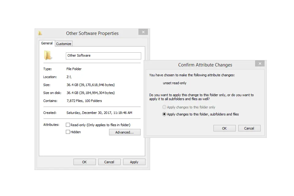 Skärmdump av attribut för en mapp i Windows 8