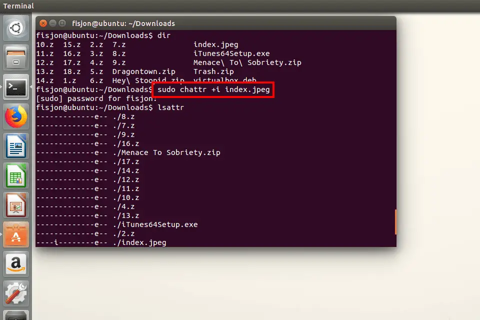 Skärmdump av den oföränderliga biten som ställs in på en JPEG-fil i Ubuntu