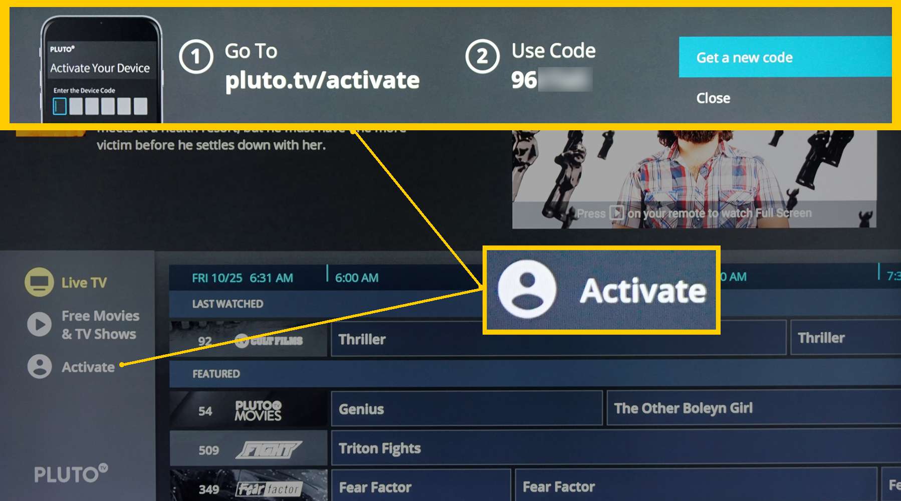 Pluto TV - Aktivera prompt på TV-skärmen