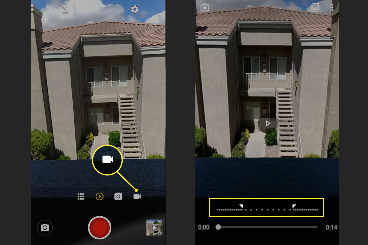 Moto Camera-appen med videokameran och tidslinjen i slow motion markerad