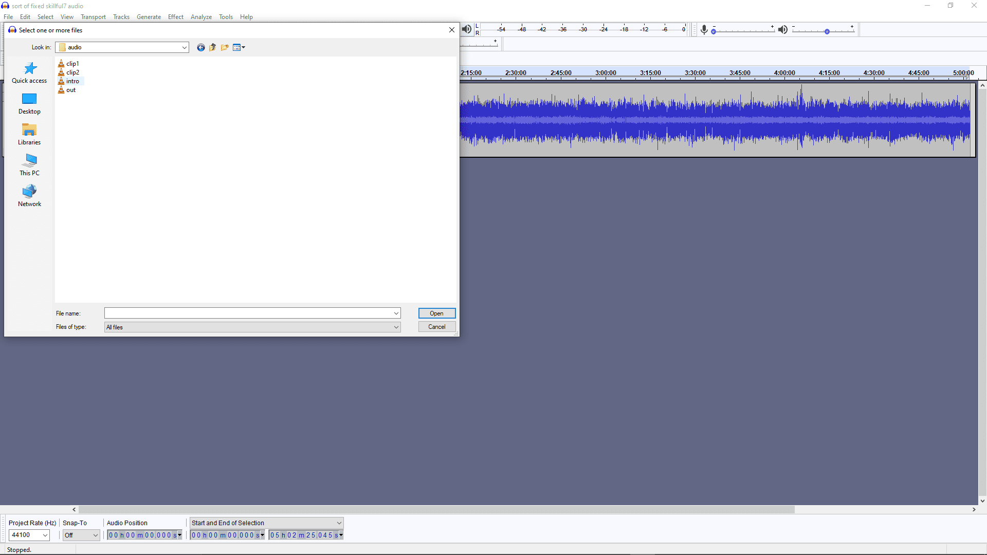 En skärmdump av att importera ljud till Audacity.