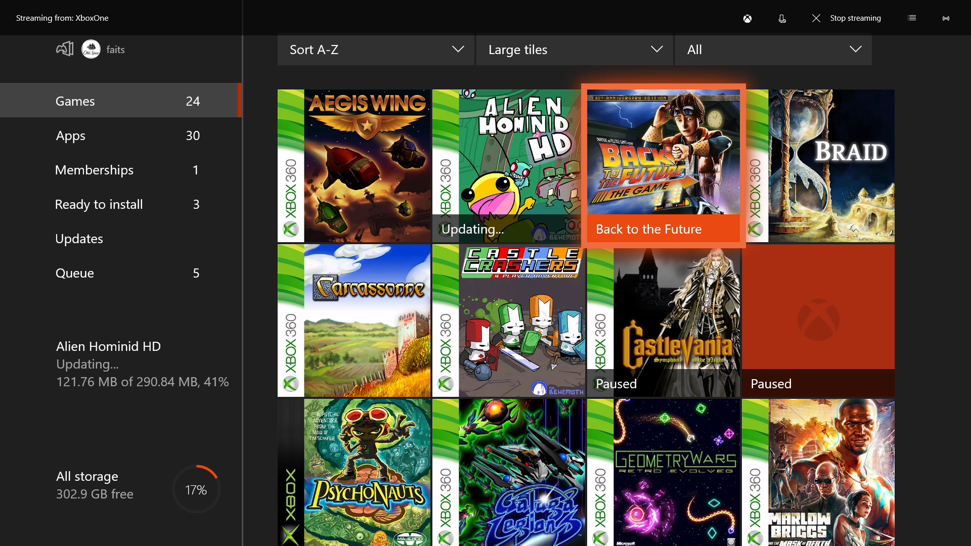 Xbox One Game Library-skärmen.