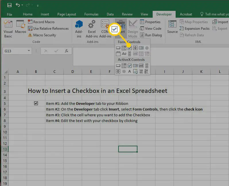 Formkontroller används för att infoga en kryssruta i Excel