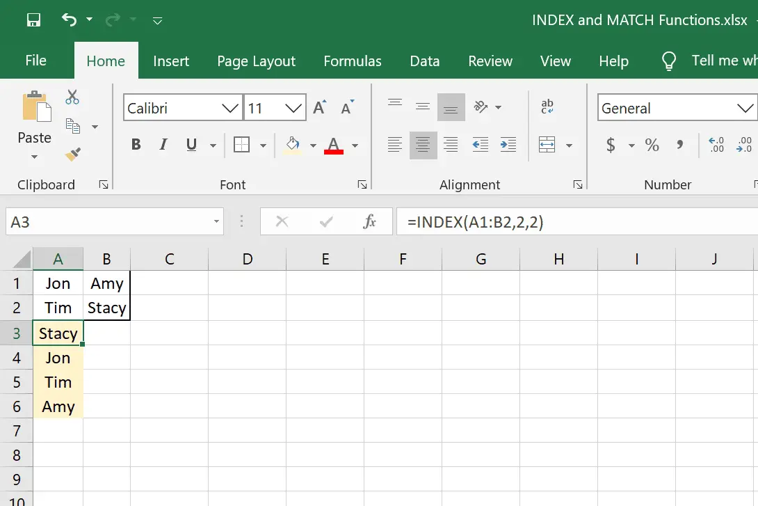 INDEX Excel-formelexempel