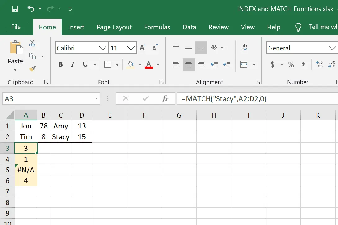 MATCH-funktionsexempel i Excel