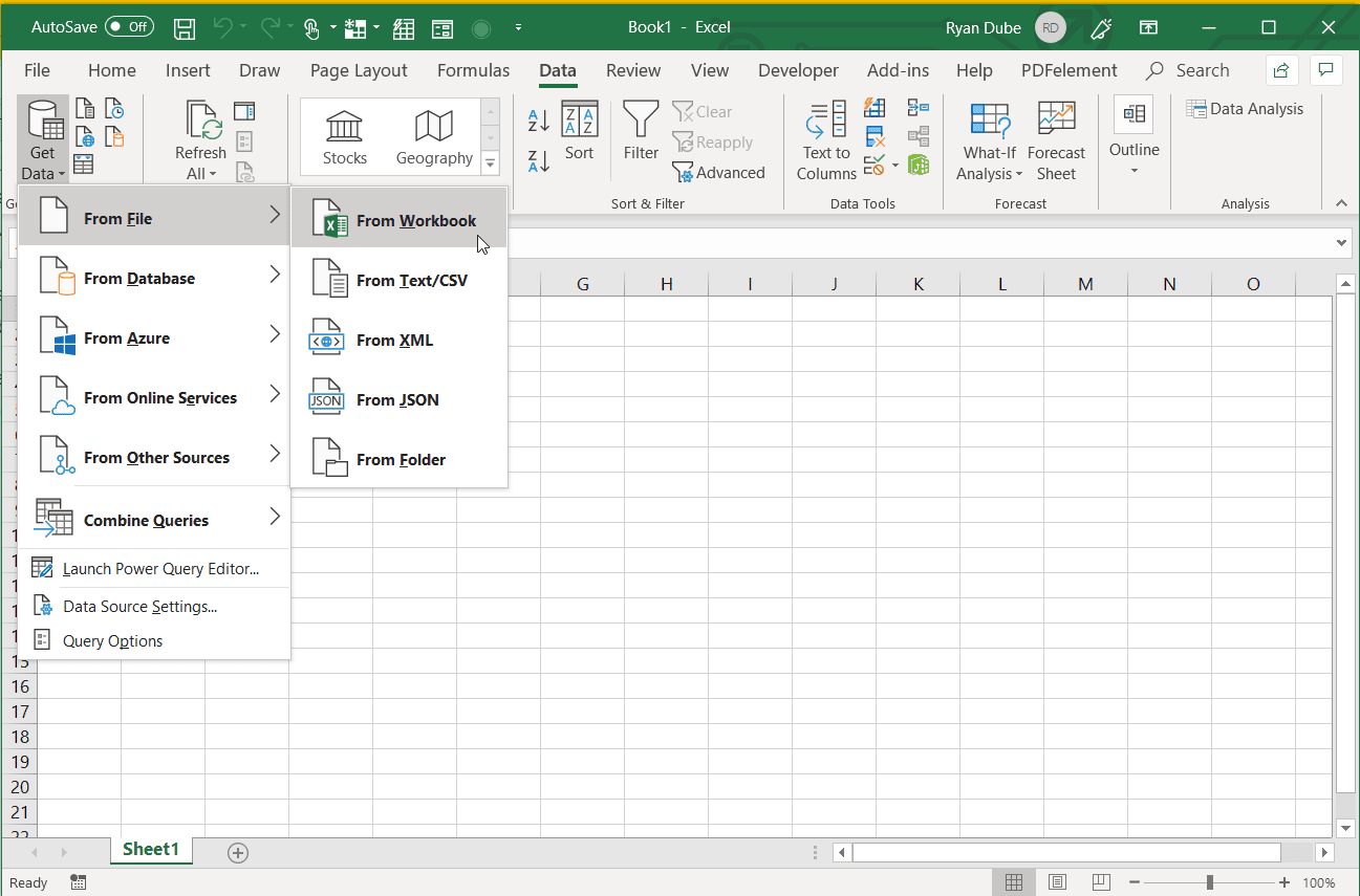 Skärmdump för att välja en datakälla i Excel