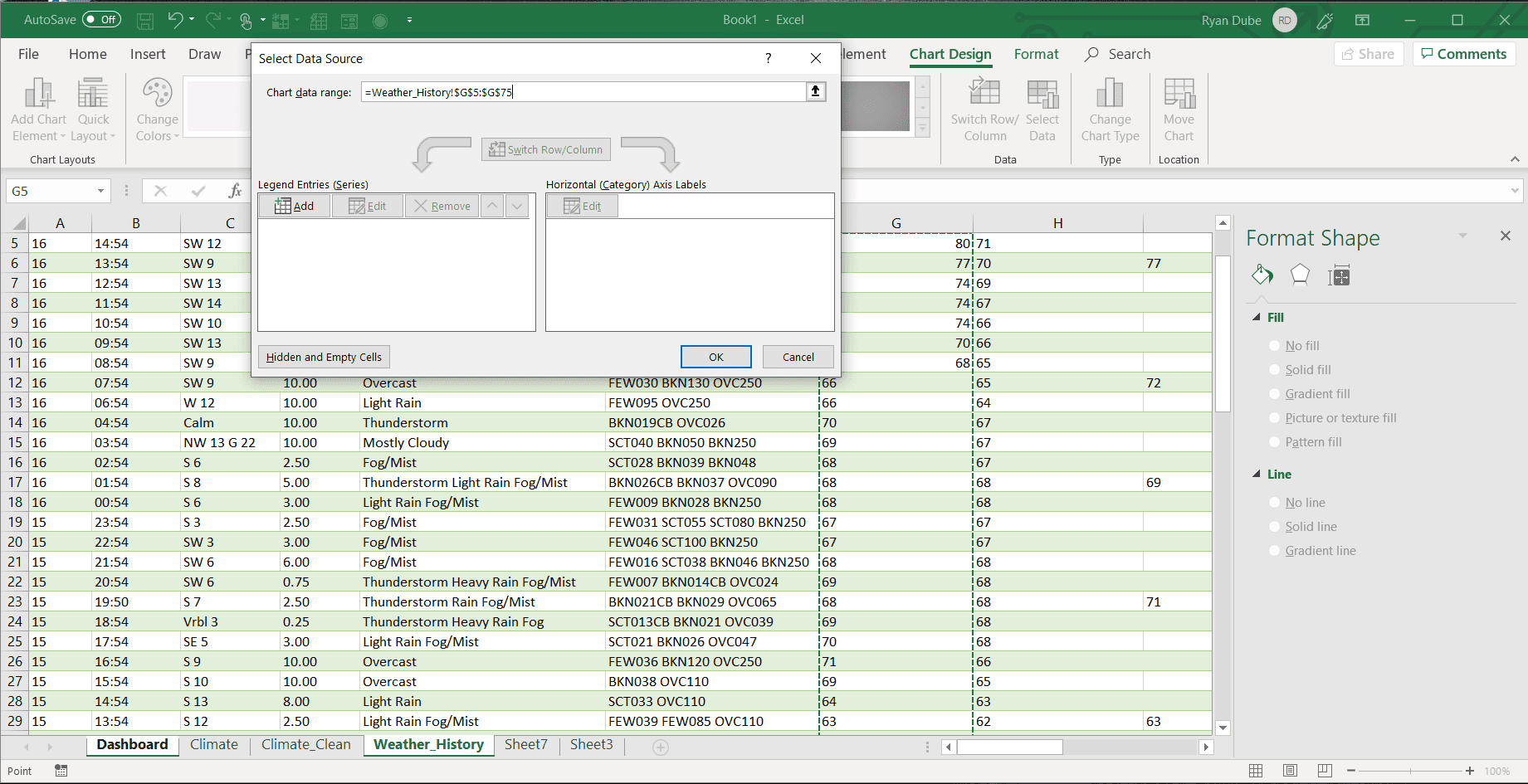 Skärmdump för att välja en rad data i Excel