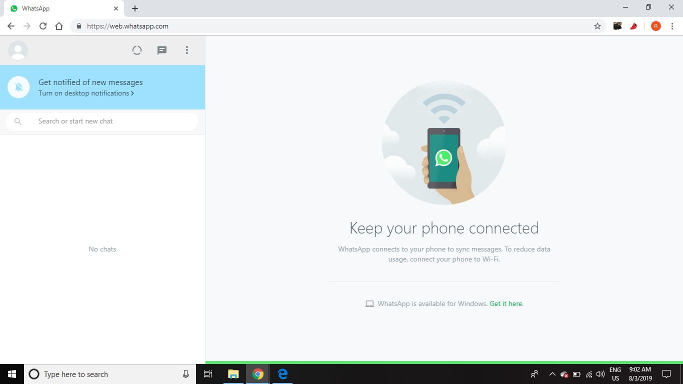 WhatsApp-webbklienten som körs i Chrome på Windows