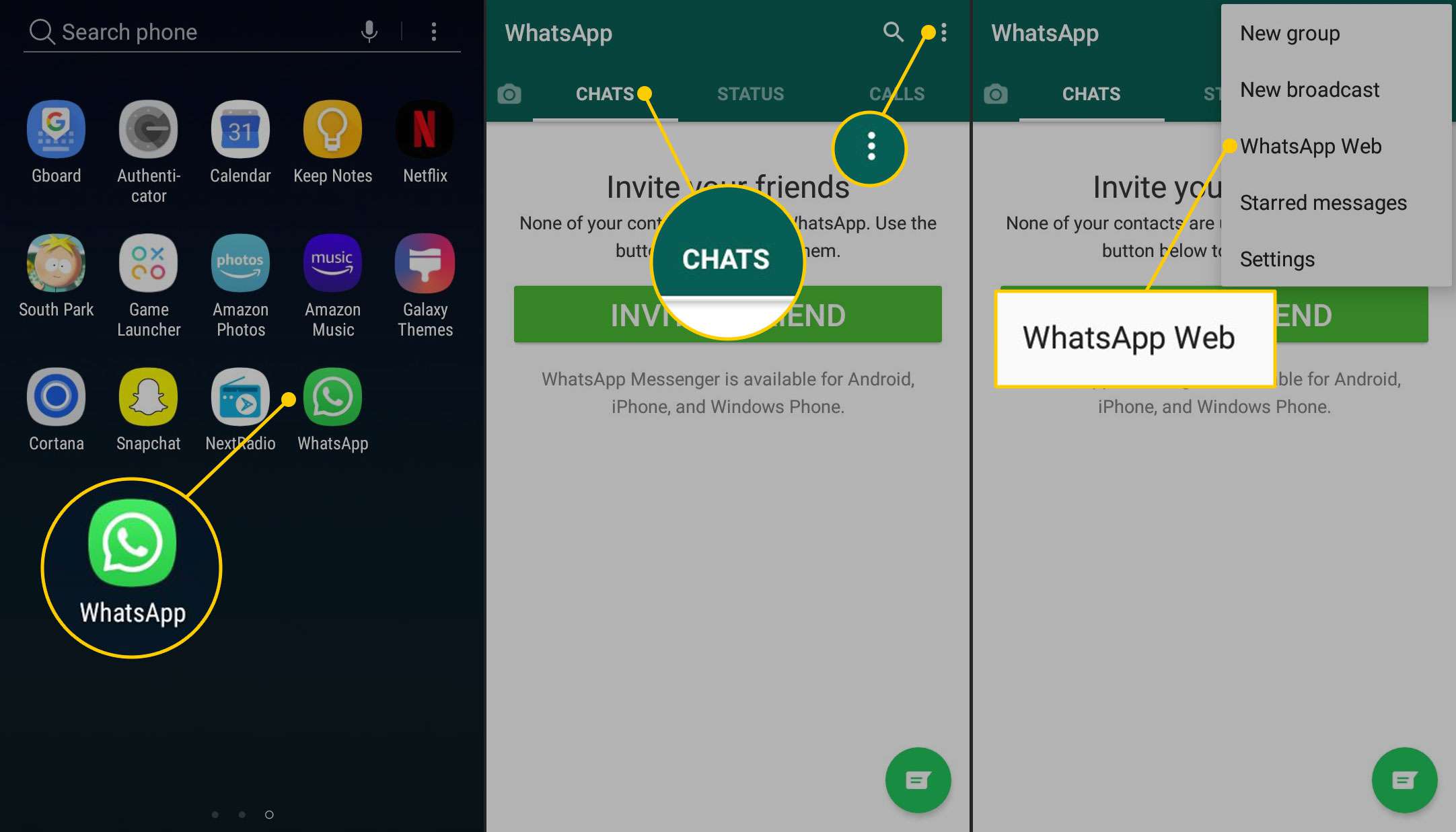 WhatsApp Web i WhatsApp-appen på en Android-telefon