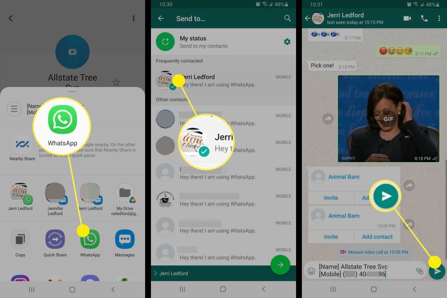 Skärmbilder av att skicka en Android-kontakt på WhatsApp.