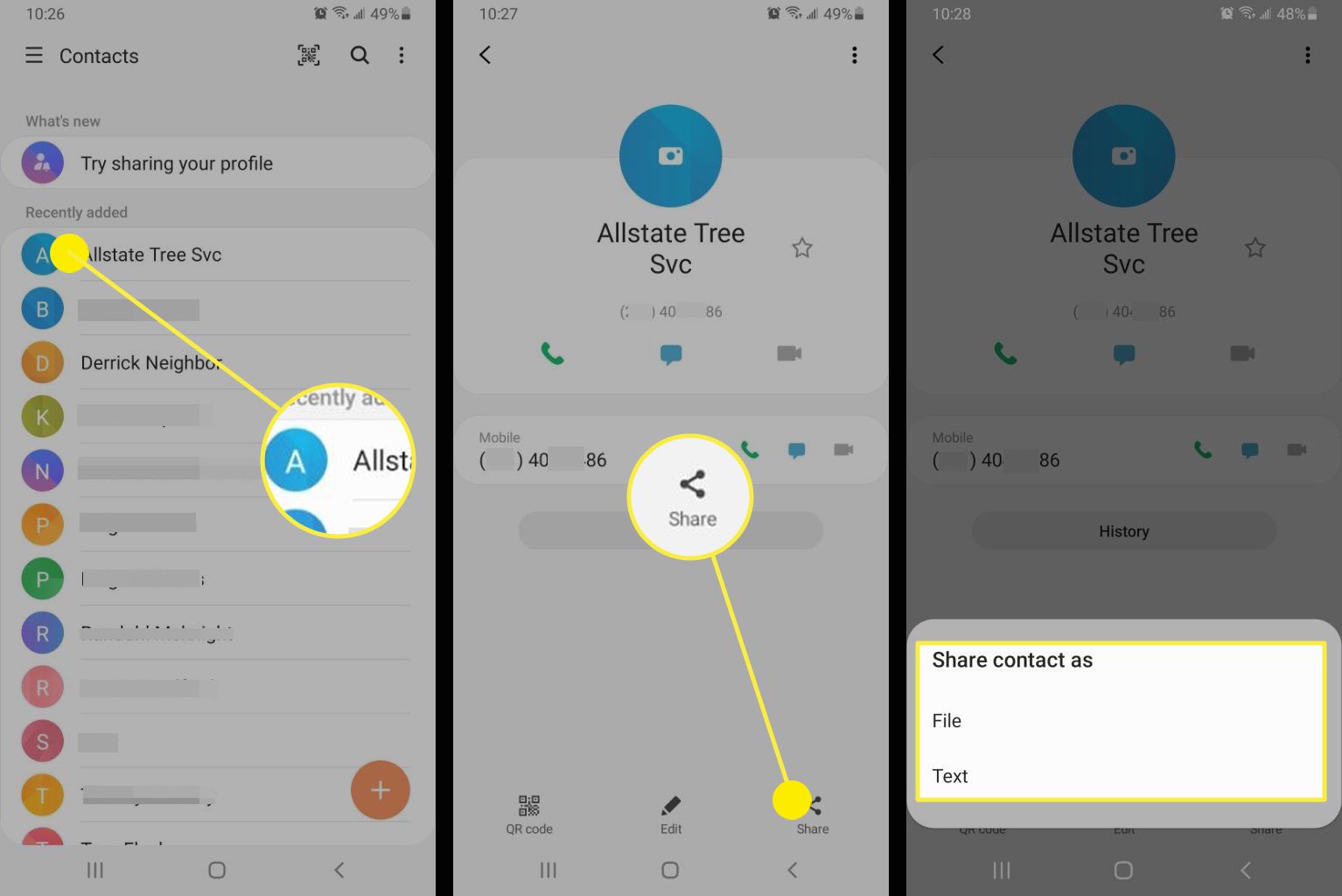 Skärmbilder av att dela en Android-kontakt i WhatsApp.