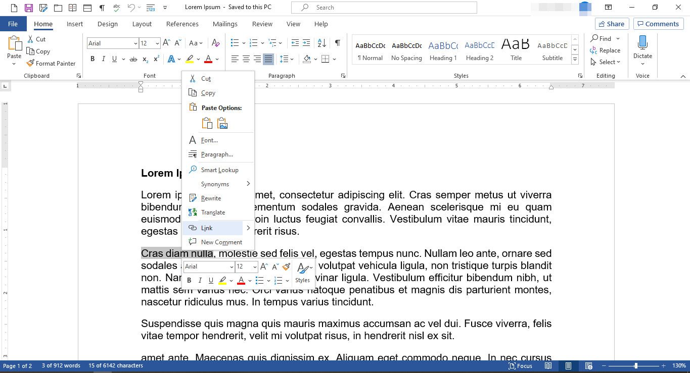 MS Word-dokument med redigeringsmeny visas