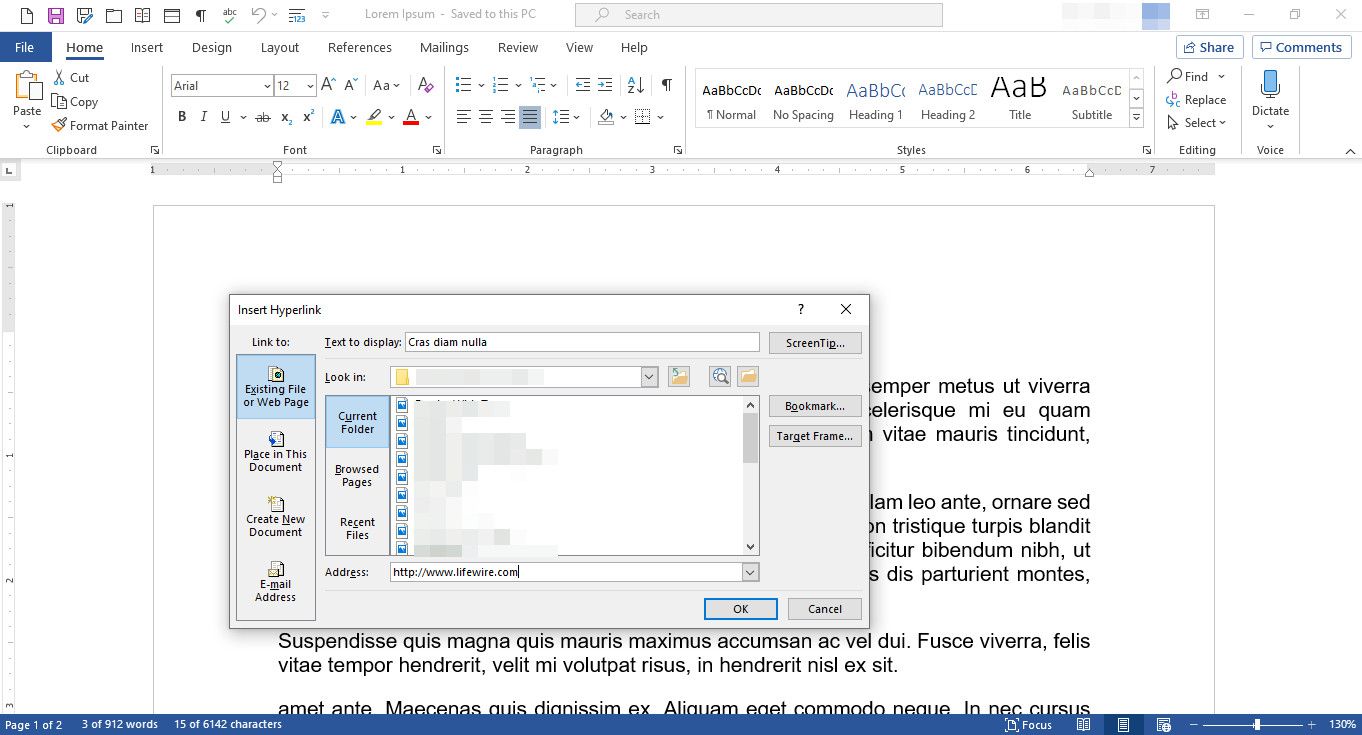 MS Word-dokument med dialogrutan Infoga hyperlänk visas