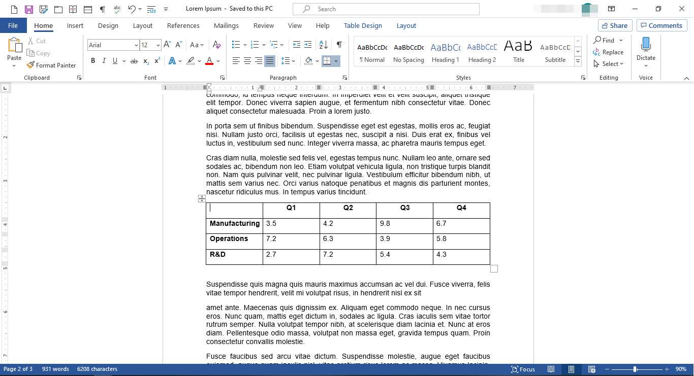 MS Word-dokument med infogad tabell