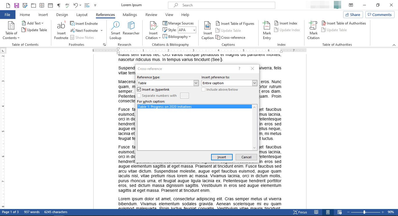 MS Word-dokument med korsreferensdialogruta visas